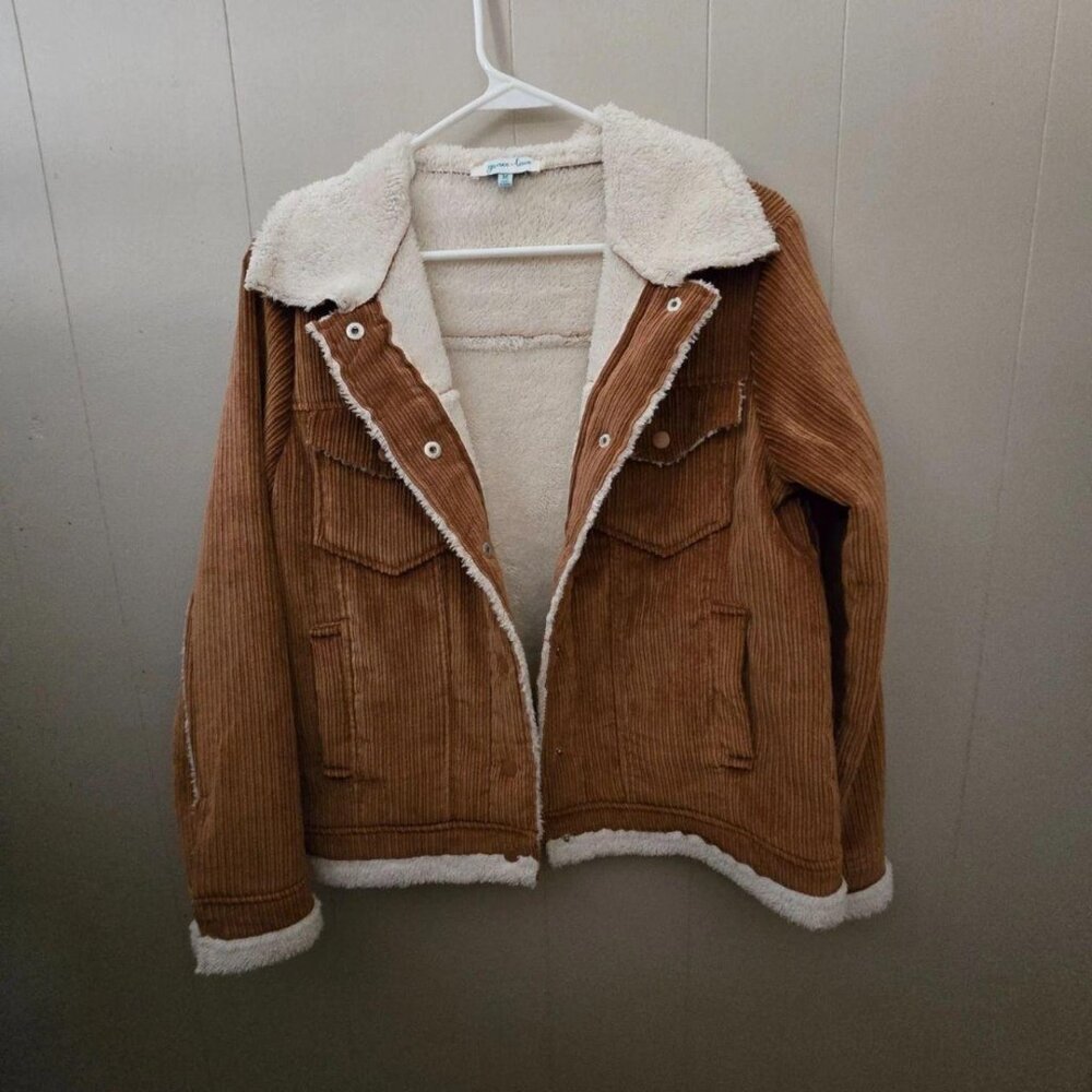 Grace & Lace Corduroy Sherpa-Lined Jacket in Brown and Cream